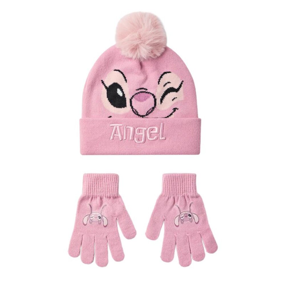 Lilo & Stitch Girls Face Angel Beanie & Gloves Set / Pink